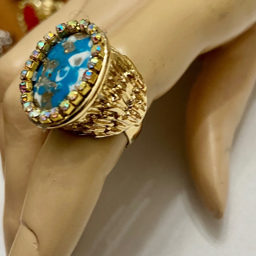 Vintage, Stamped Hobe Blue Agate Adjustable Ring with Rhinestones - Picture 4 of 13
